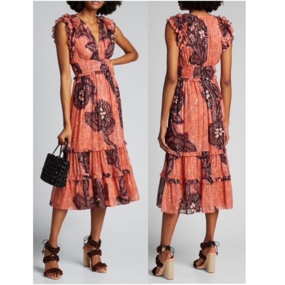 Ulla Johnson Akira Metallic Shibori Silk Printed Midi Dress Coral Pink‎ Size 6 - Picture 1 of 17